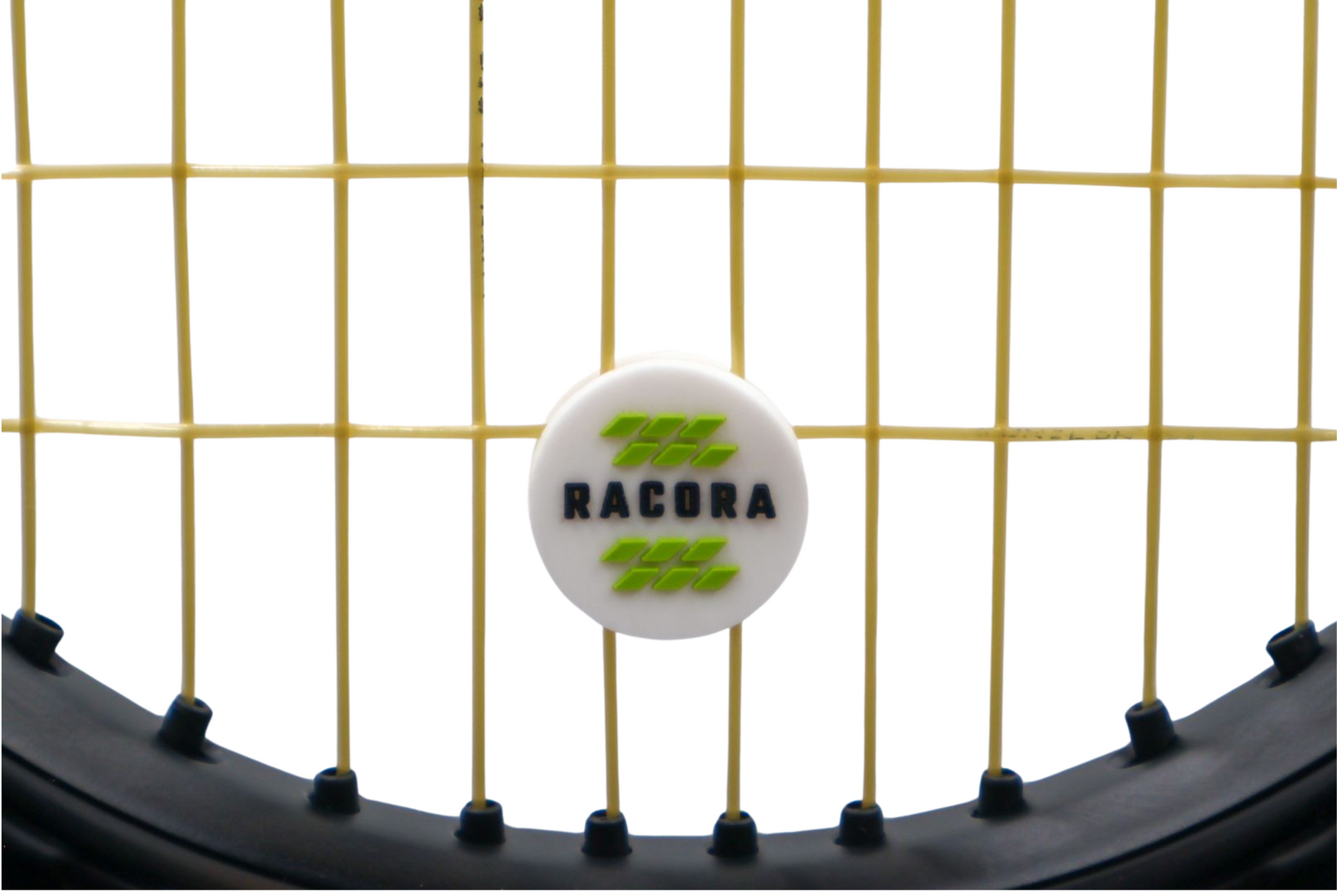 Racora white vibration dampener on tennis racket