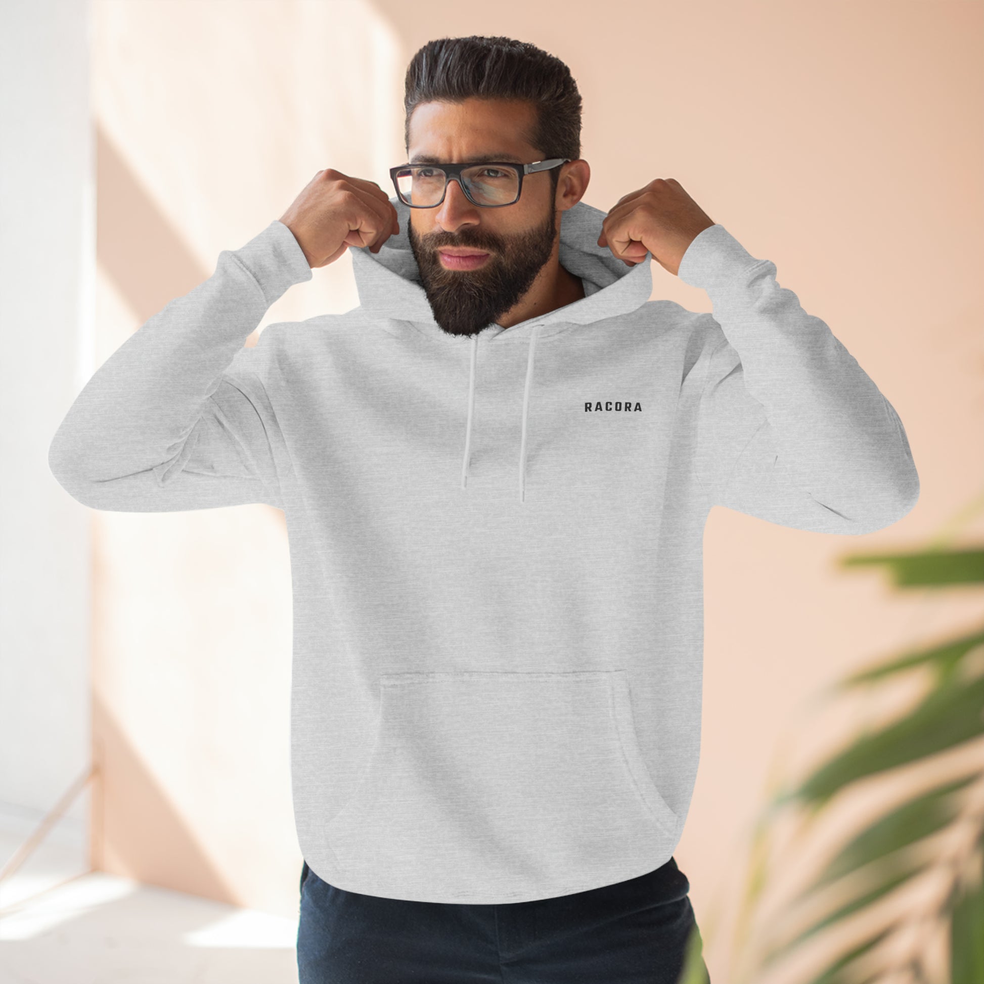 Racora gray fleece hoodie on model