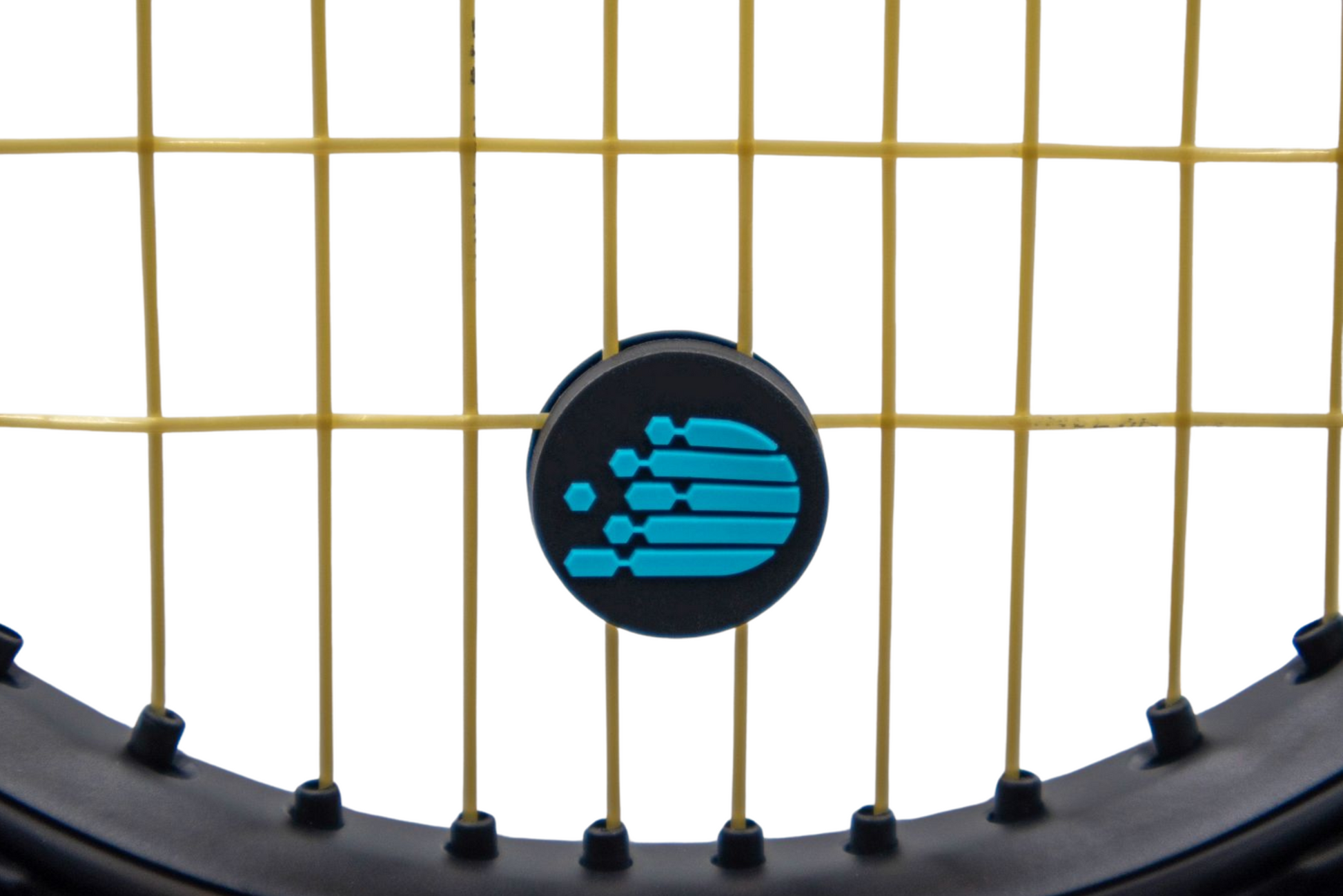 Racora black and blue vibration dampner on tennis racket