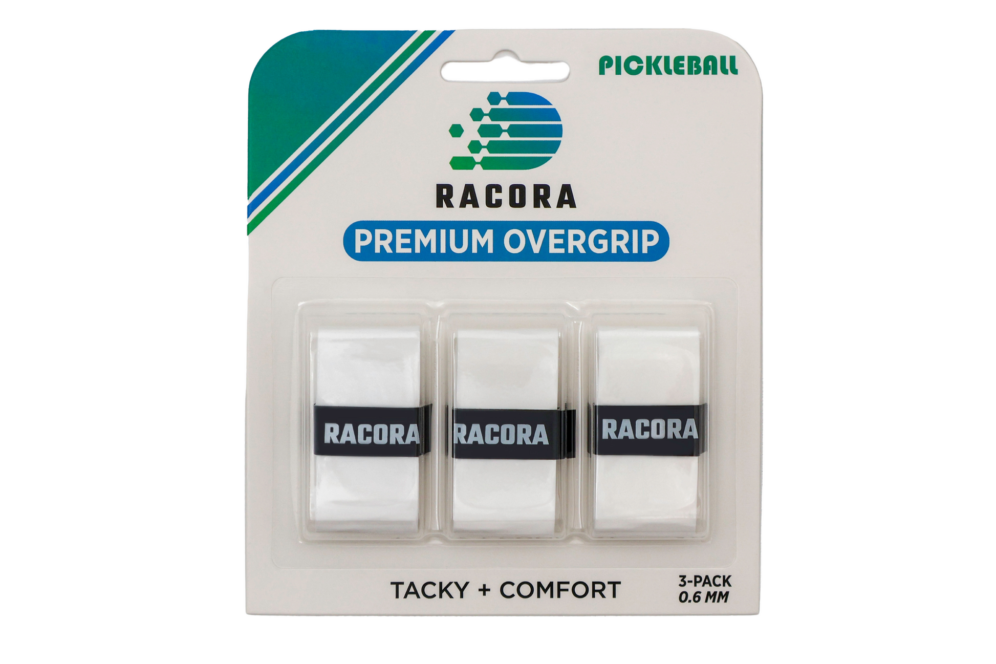 Racora 3-pack of white pickleball overgrips in packaging