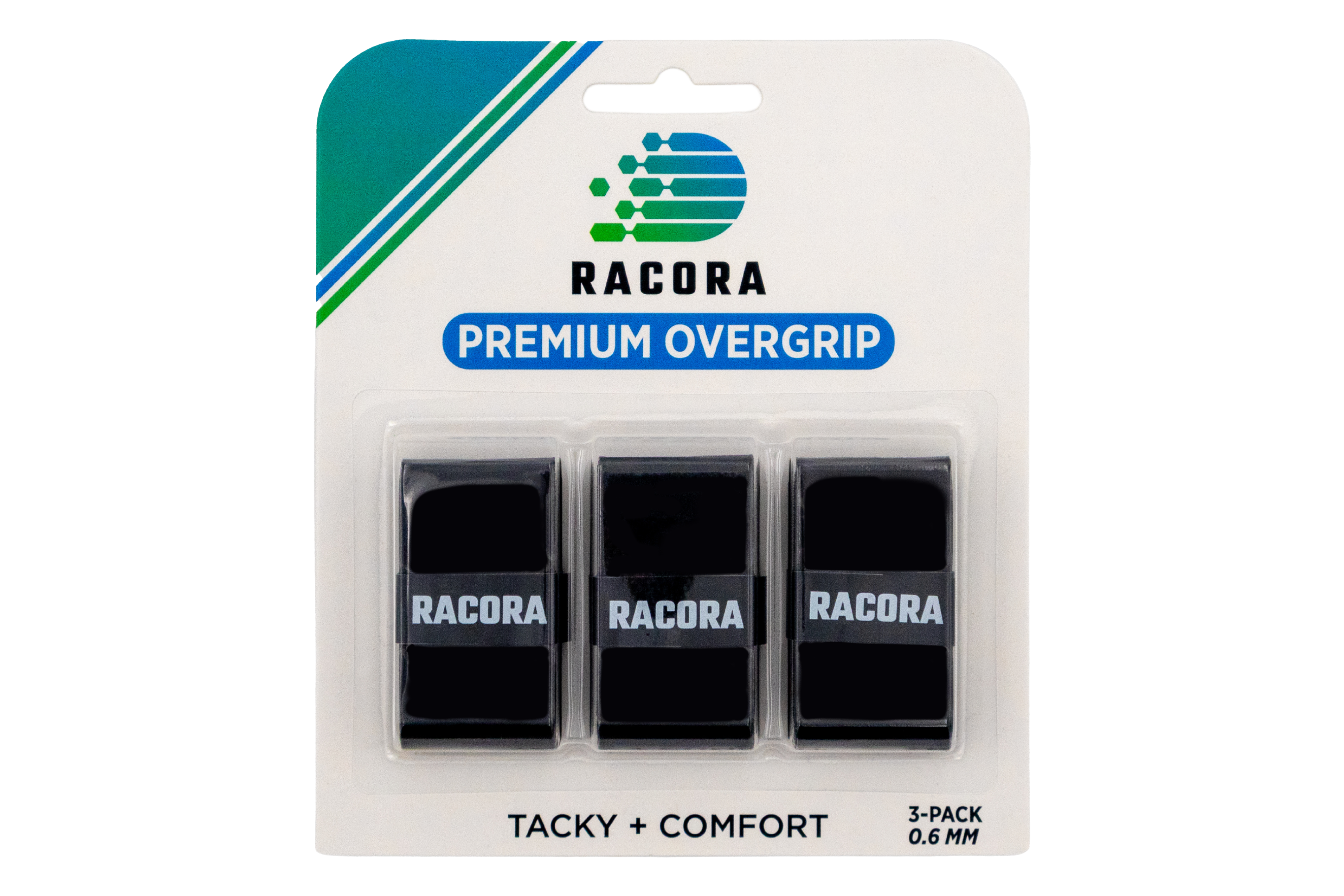3-Pack of Racora black tennis overgrips in package