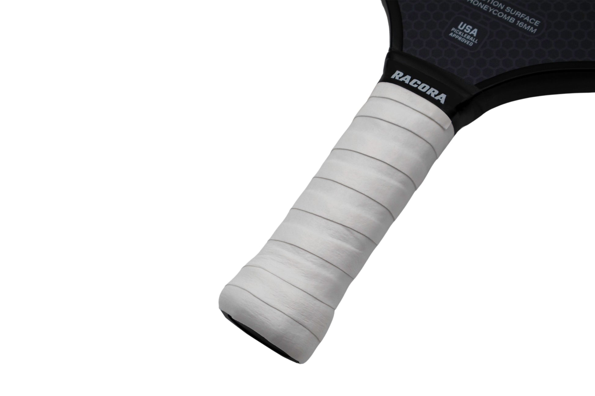 Racora white overgrip on pickleball paddle