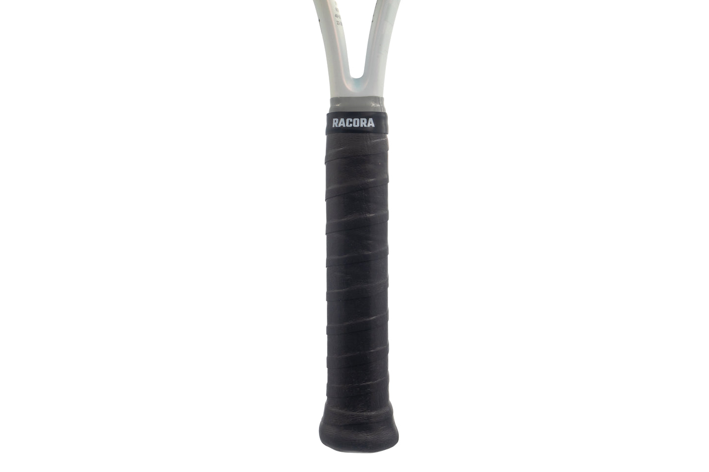 Black tennis overgrip on tennis racket held vertically