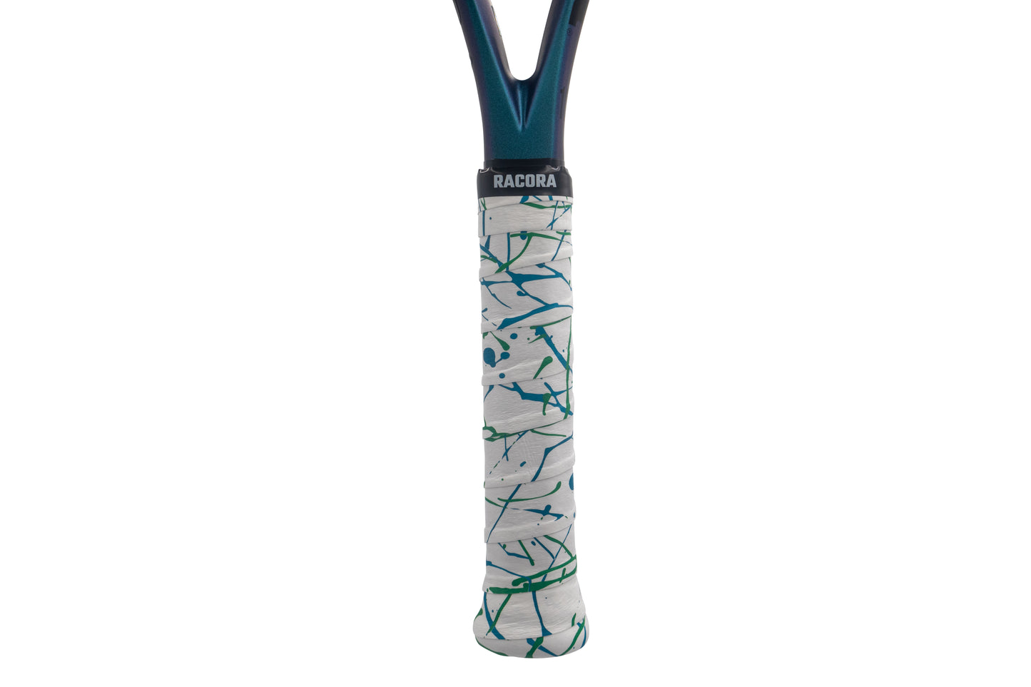 Racora Wild Drip tennis overgrip on tennis racket, held vertically