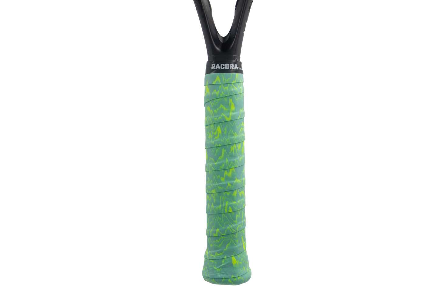 Green waves tennis overgrip on tennis racket, held vertically