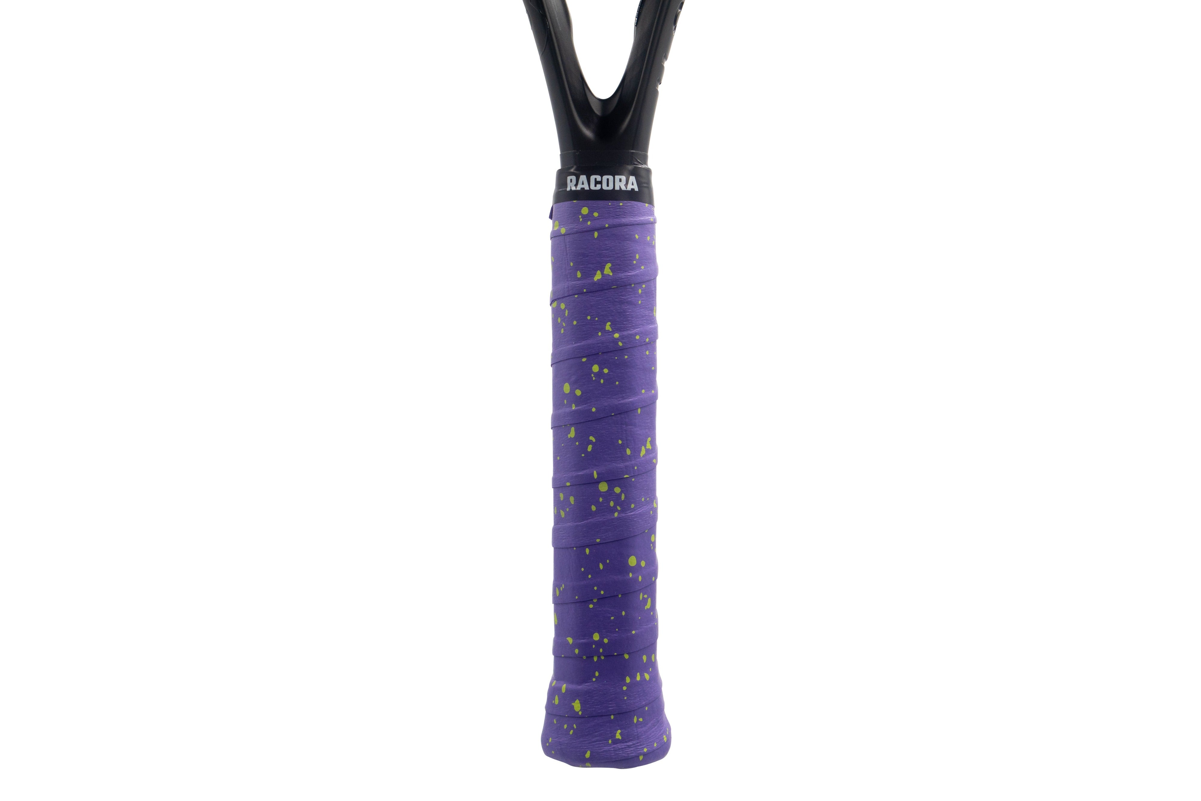 Purple &amp; lime speckl tennis overgrip on tennis racket, held vertically