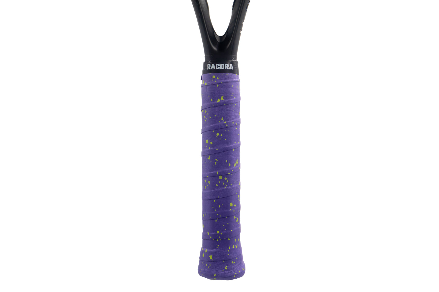 Purple speckled tennis overgrip, held vertically and applied to racket