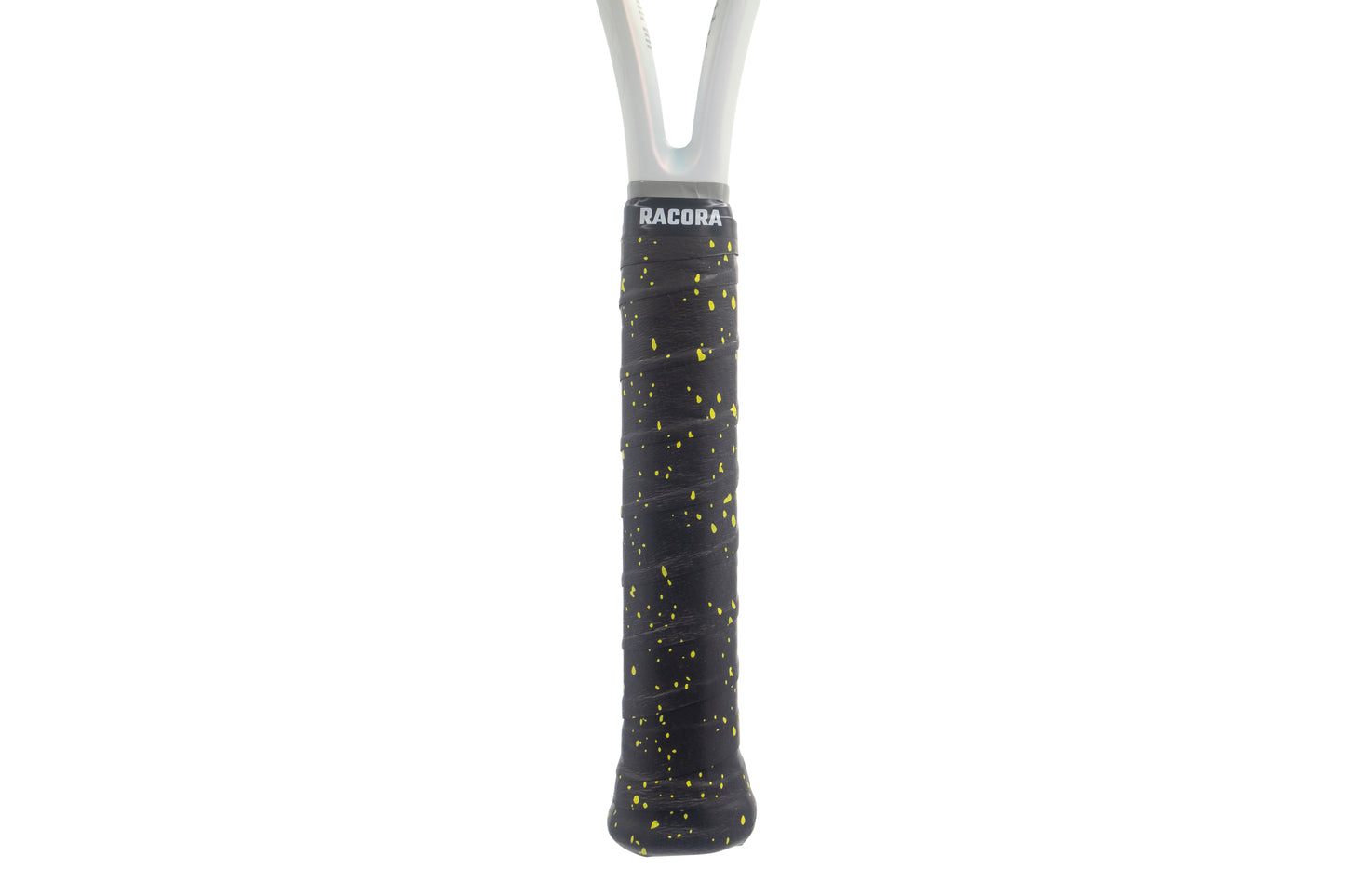 Black & Gold speckled tennis overgrip, held vertically and applied to racket