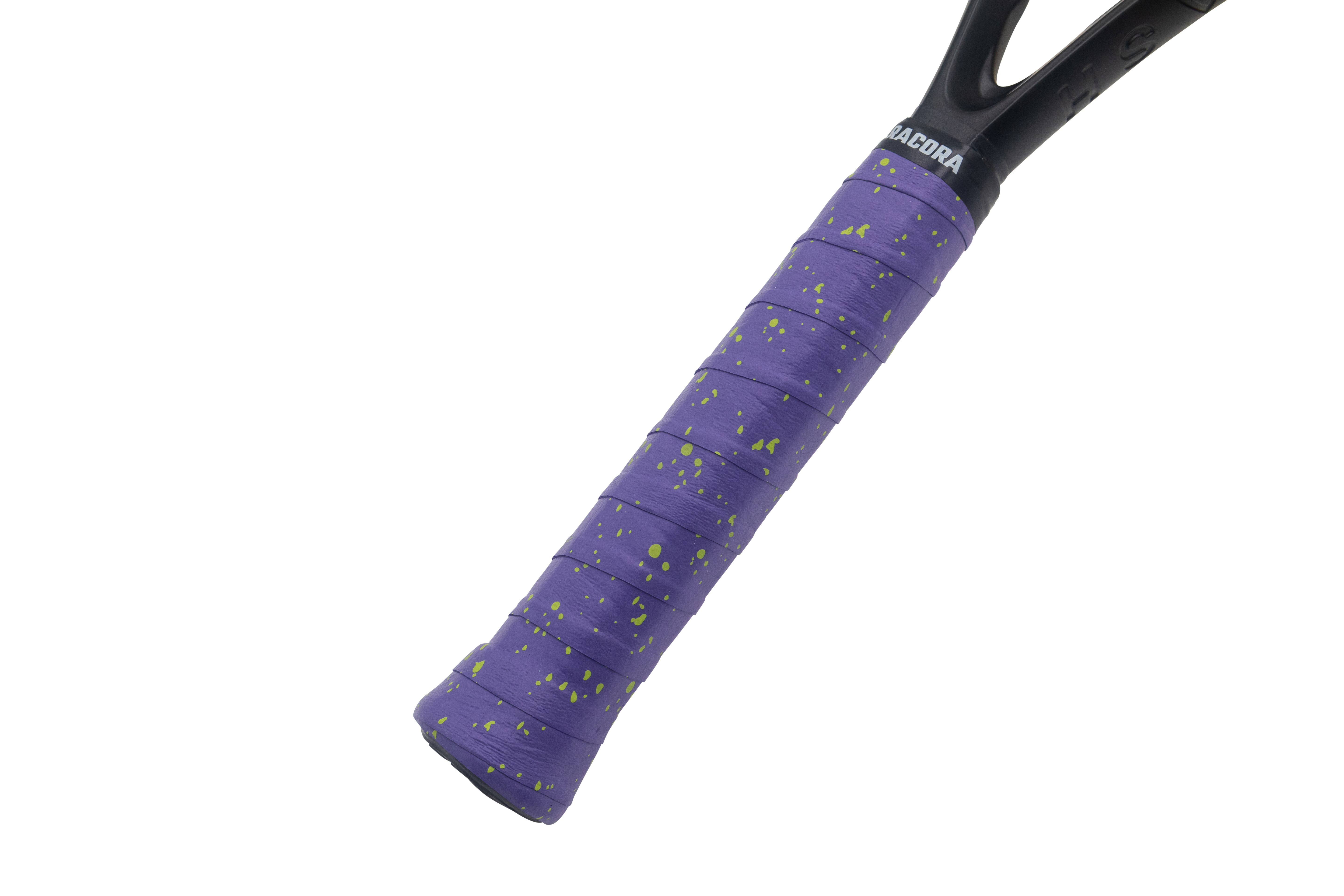 Purple &amp; lime speckl tennis overgrip on tennis racket, held at an angle