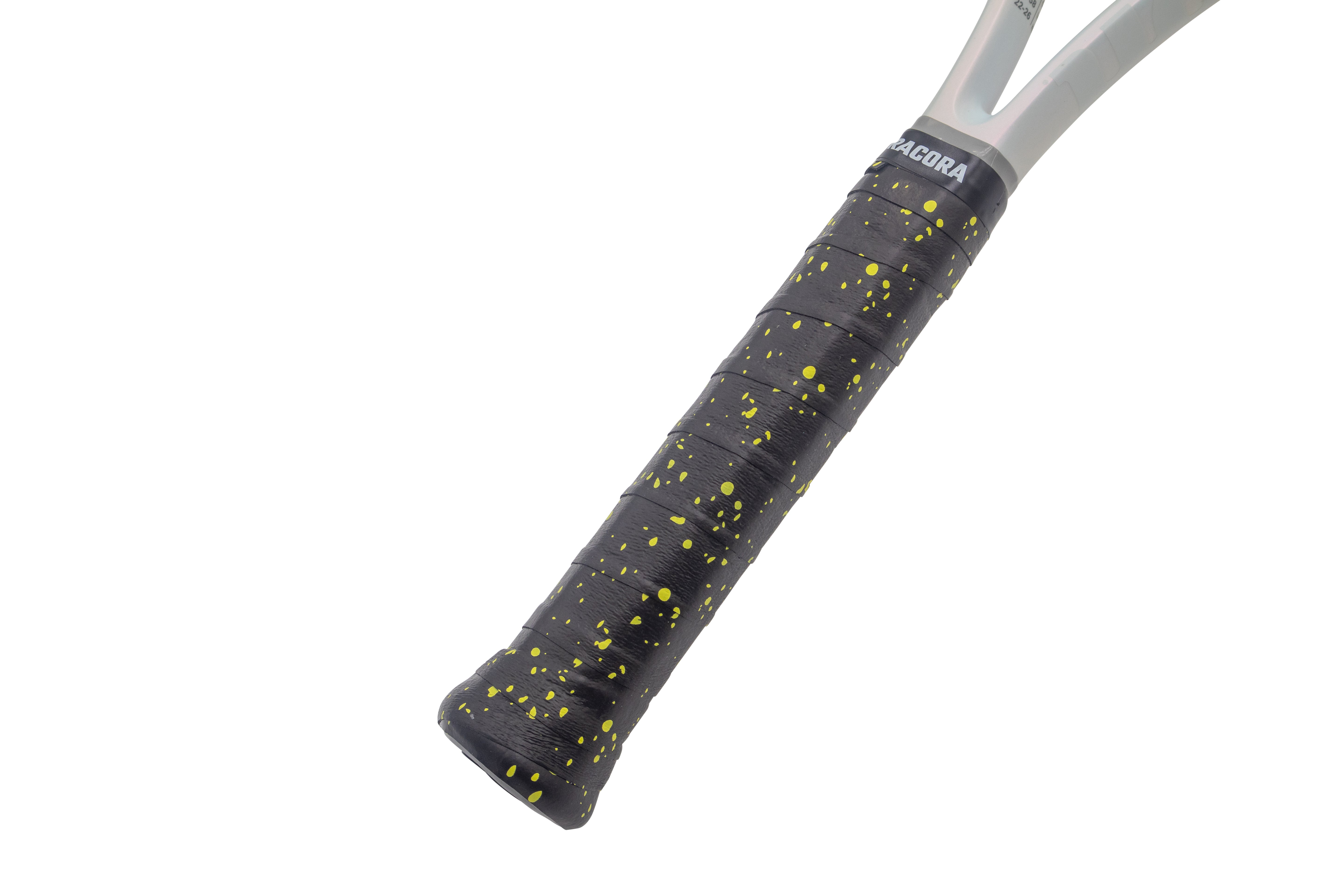 Black &amp; Gold speckled tennis overgrip on tennis racket, held at an angle