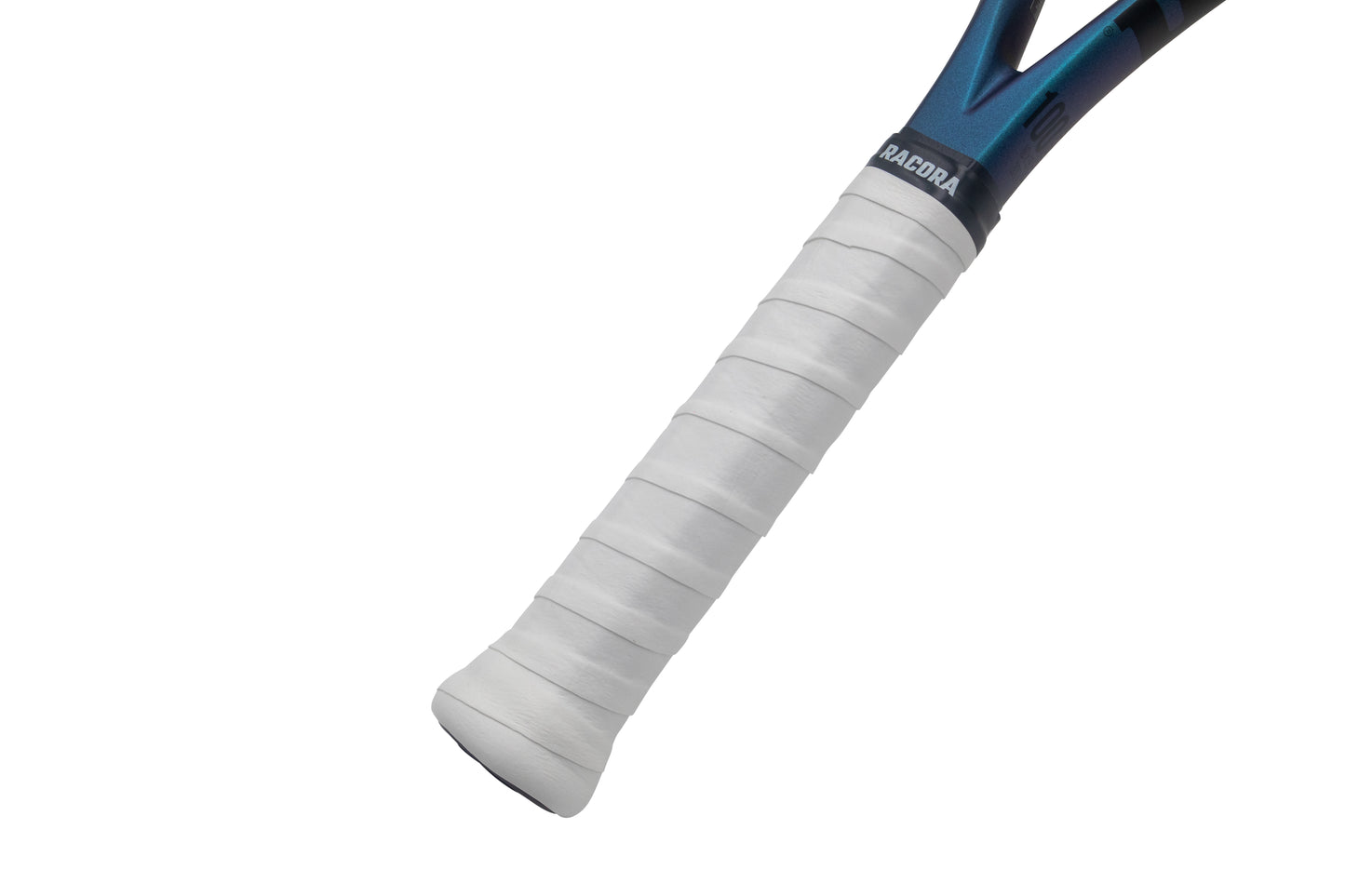 Racora white tennis overgrip on tennis racket.