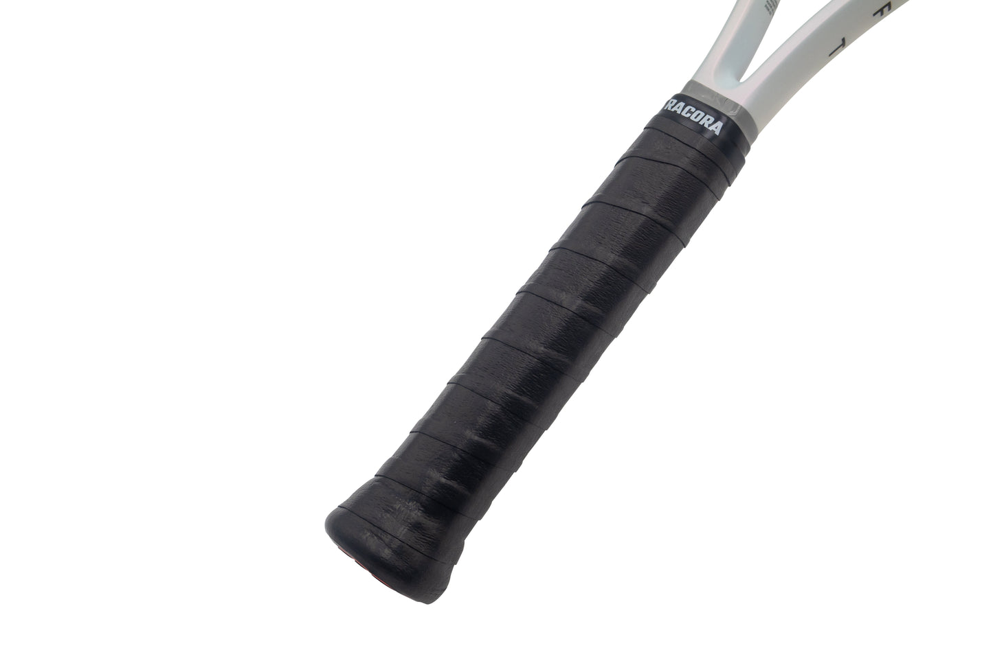 Black tennis overgrip on tennis racket held at angle