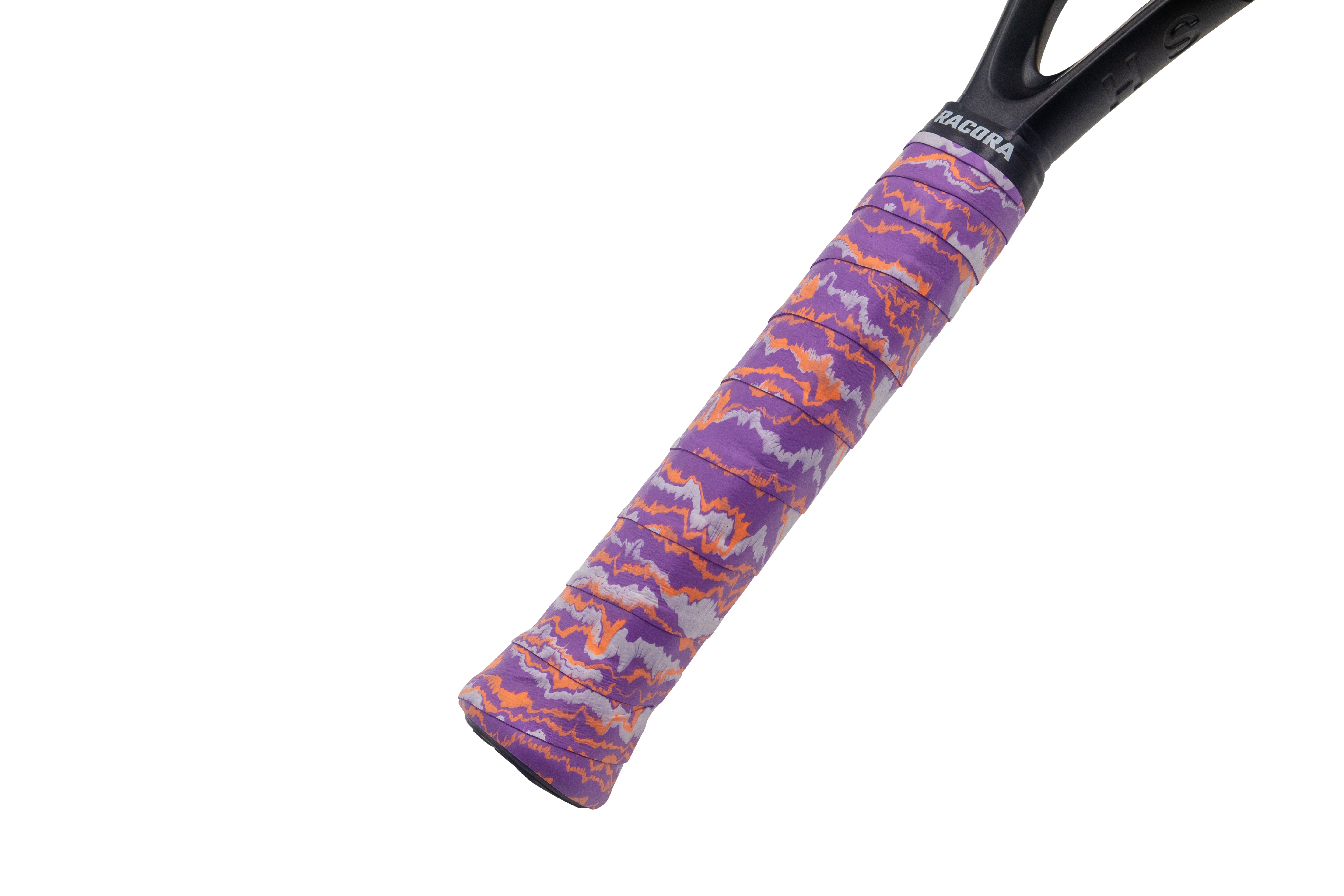 Purple wave tennis overgrip on tennis racket, held at an angle