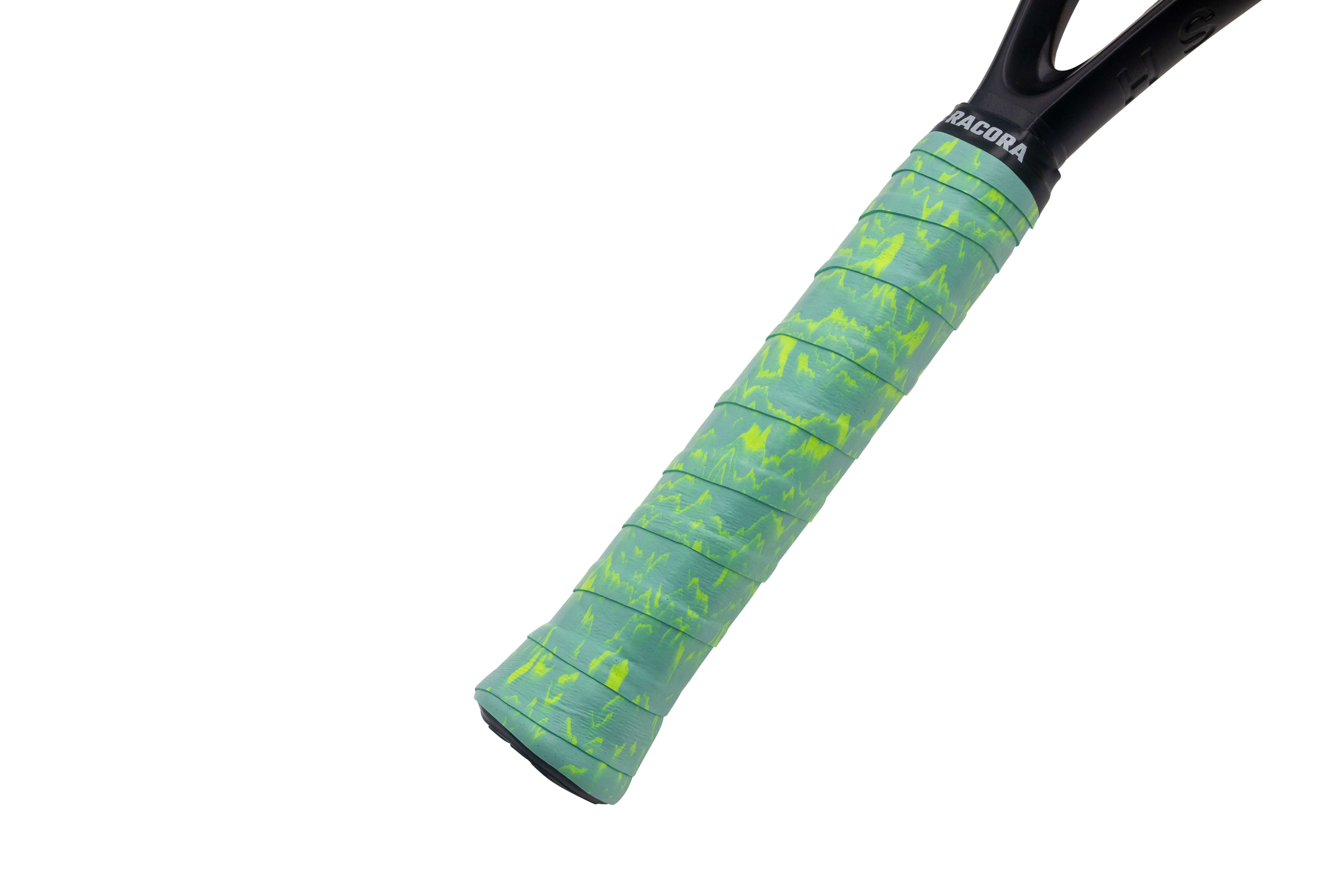 Green waves tennis overgrip on tennis racket, held at an angle