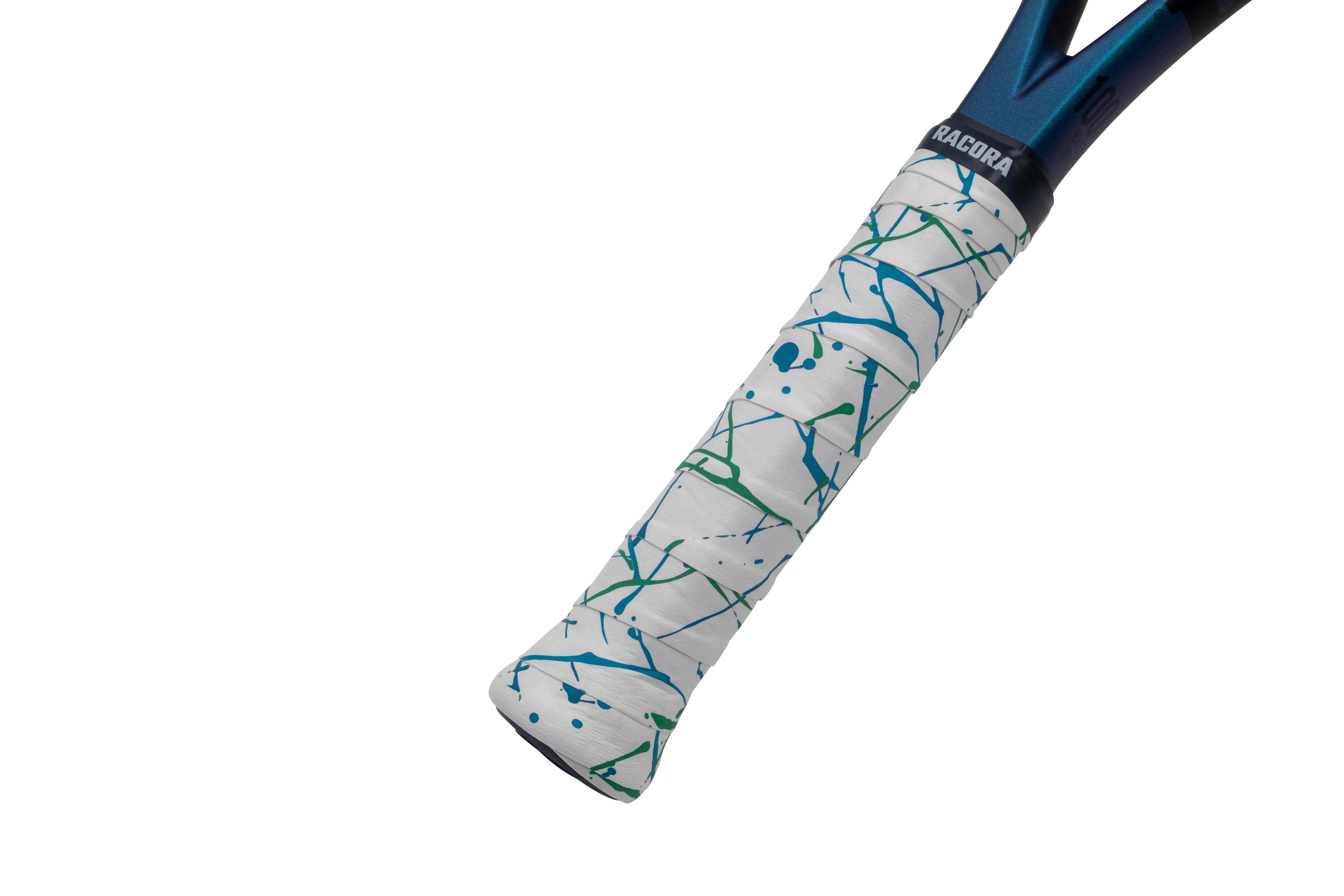 Racora Wild Drip tennis overgrip on tennis racket, held at an angle