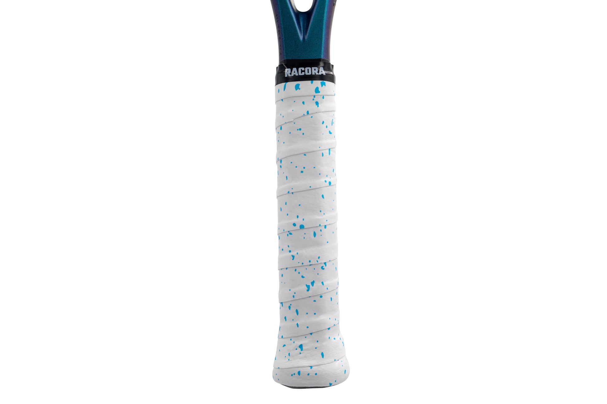 White & Blue speckled tennis overgrip, held vertically and applied to racket