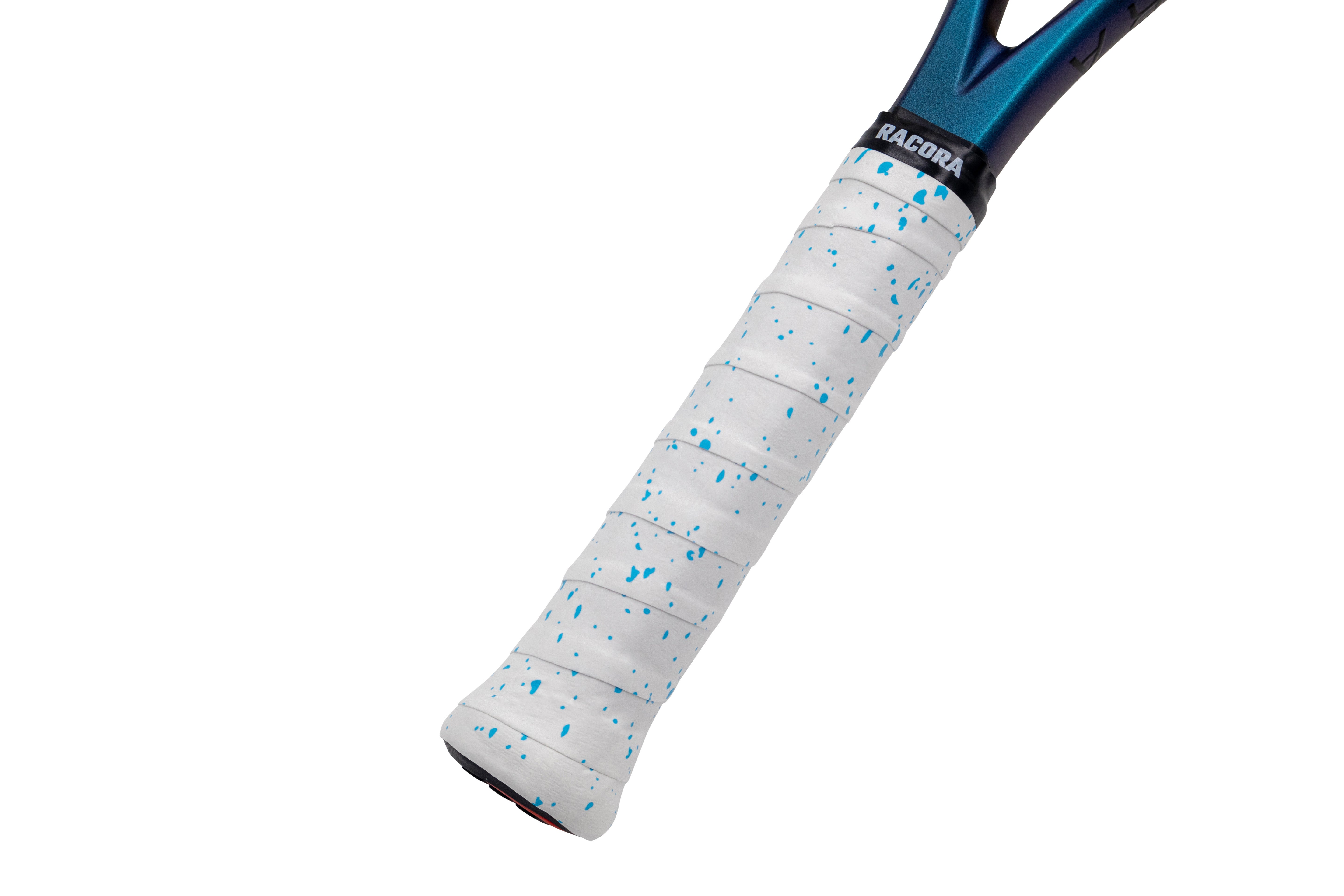 Racora white &amp; blue speckle tennis overgrip on tennis racket, held at an angle