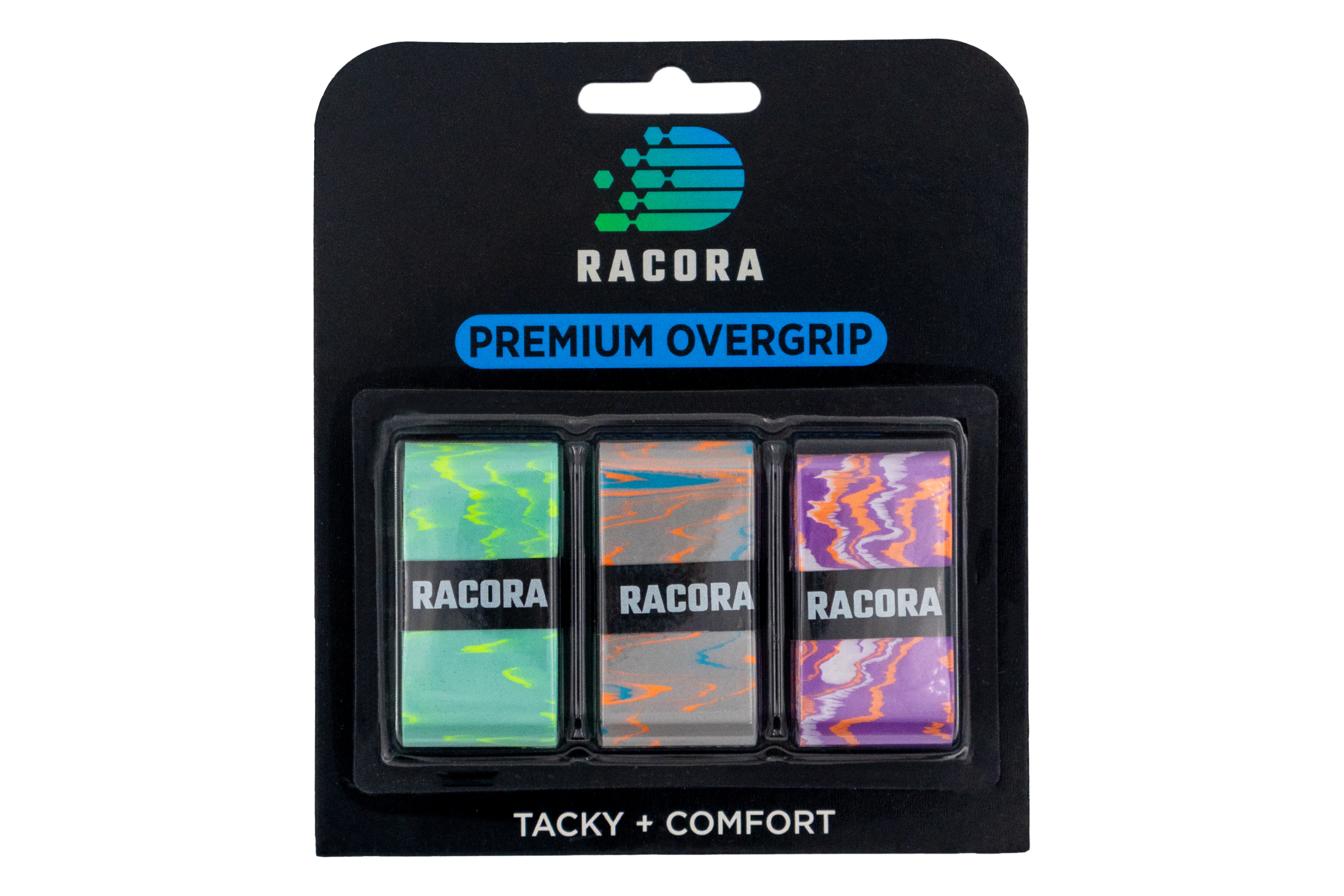 3-Pack of Racora Waves tennis overgrip inside packaging